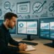 Modernes Büro mit Monitoren, auf denen SEO- und SEA-Dashboards zu sehen sind, digitaler Marketer im Vordergrund, im Hintergrund technische Symbole und Grafiken.