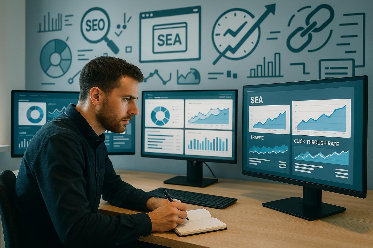 Modernes Büro mit Monitoren, auf denen SEO- und SEA-Dashboards zu sehen sind, digitaler Marketer im Vordergrund, im Hintergrund technische Symbole und Grafiken.