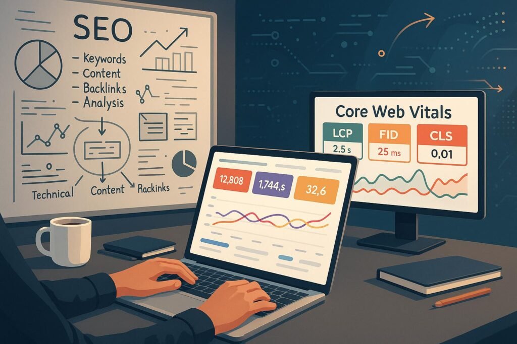 Person analysiert Website-Daten auf einem großen Laptop mit farbenfrohen Diagrammen, im Hintergrund Whiteboard mit SEO-Strategien, Monitor mit Core Web Vitals, und digitale Design-Elemente
