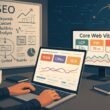 Person analysiert Website-Daten auf einem großen Laptop mit farbenfrohen Diagrammen, im Hintergrund Whiteboard mit SEO-Strategien, Monitor mit Core Web Vitals, und digitale Design-Elemente