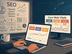 Person analysiert Website-Daten auf einem großen Laptop mit farbenfrohen Diagrammen, im Hintergrund Whiteboard mit SEO-Strategien, Monitor mit Core Web Vitals, und digitale Design-Elemente