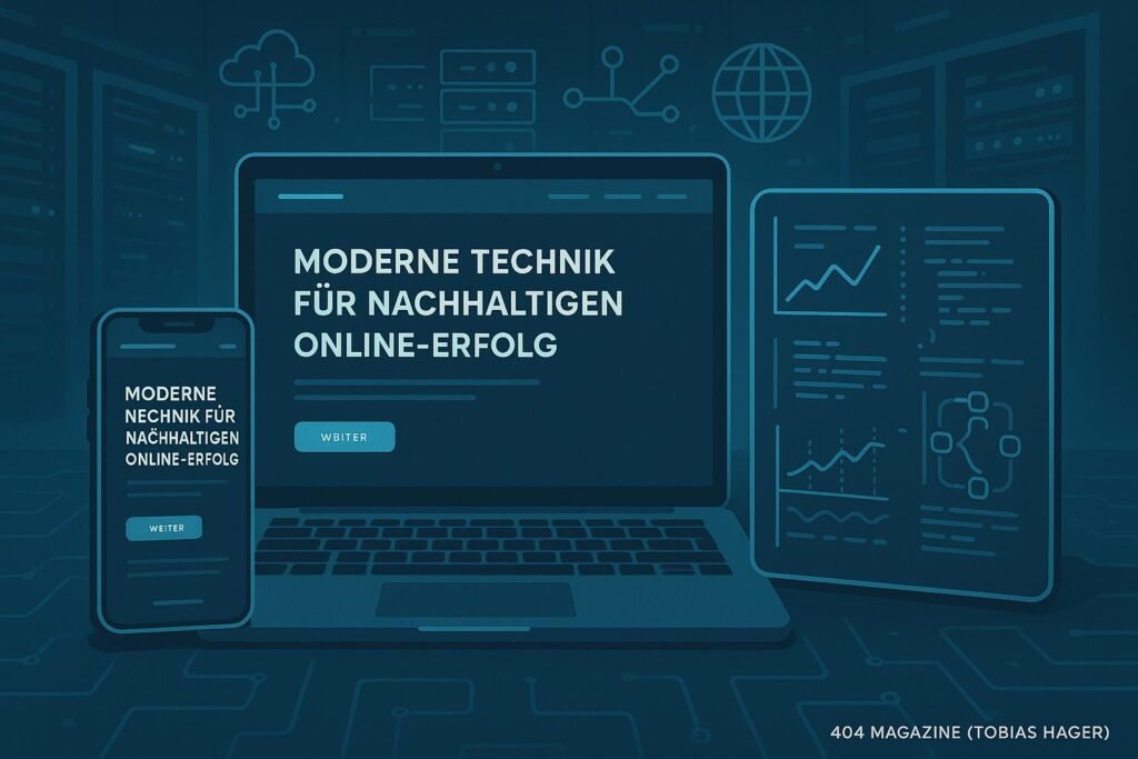 Moderne Homepage mit Laptop, Smartphone, Diagrammen, Code-Snippets und Server-Racks im Hintergrund, symbolisiert technologische Kompetenz und Infrastruktur.