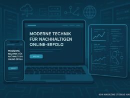 Moderne Homepage mit Laptop, Smartphone, Diagrammen, Code-Snippets und Server-Racks im Hintergrund, symbolisiert technologische Kompetenz und Infrastruktur.