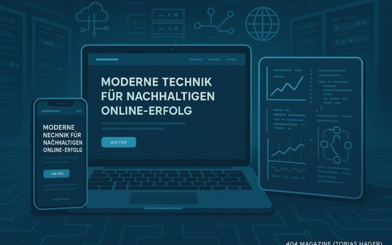Moderne Homepage mit Laptop, Smartphone, Diagrammen, Code-Snippets und Server-Racks im Hintergrund, symbolisiert technologische Kompetenz und Infrastruktur.