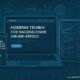 Moderne Homepage mit Laptop, Smartphone, Diagrammen, Code-Snippets und Server-Racks im Hintergrund, symbolisiert technologische Kompetenz und Infrastruktur.
