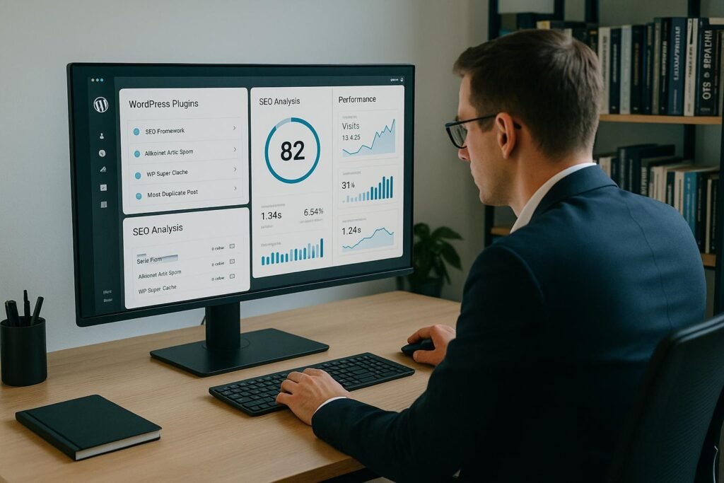 Person in Business-Kleidung bei Datenanalyse vor einem großen Bildschirm mit WordPress-Plugins und SEO-Statistiken, im Hintergrund Bücherregale über Technik und SEO