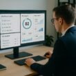 Person in Business-Kleidung bei Datenanalyse vor einem großen Bildschirm mit WordPress-Plugins und SEO-Statistiken, im Hintergrund Bücherregale über Technik und SEO