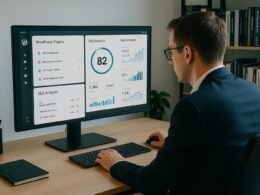 Person in Business-Kleidung bei Datenanalyse vor einem großen Bildschirm mit WordPress-Plugins und SEO-Statistiken, im Hintergrund Bücherregale über Technik und SEO