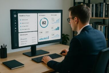 Person in Business-Kleidung bei Datenanalyse vor einem großen Bildschirm mit WordPress-Plugins und SEO-Statistiken, im Hintergrund Bücherregale über Technik und SEO