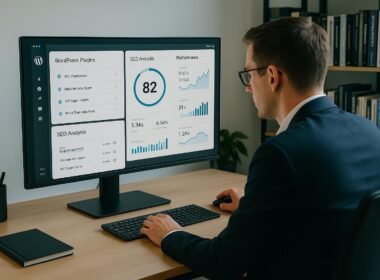 Person in Business-Kleidung bei Datenanalyse vor einem großen Bildschirm mit WordPress-Plugins und SEO-Statistiken, im Hintergrund Bücherregale über Technik und SEO