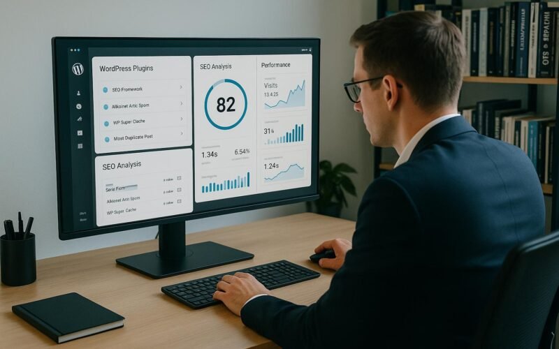 Person in Business-Kleidung bei Datenanalyse vor einem großen Bildschirm mit WordPress-Plugins und SEO-Statistiken, im Hintergrund Bücherregale über Technik und SEO