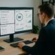 Person in Business-Kleidung bei Datenanalyse vor einem großen Bildschirm mit WordPress-Plugins und SEO-Statistiken, im Hintergrund Bücherregale über Technik und SEO