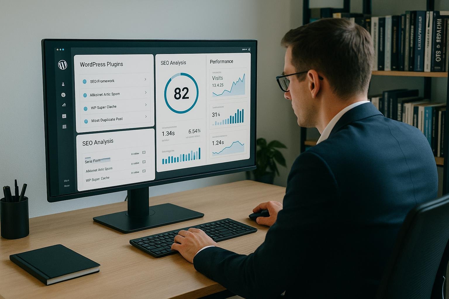 Person in Business-Kleidung bei Datenanalyse vor einem großen Bildschirm mit WordPress-Plugins und SEO-Statistiken, im Hintergrund Bücherregale über Technik und SEO