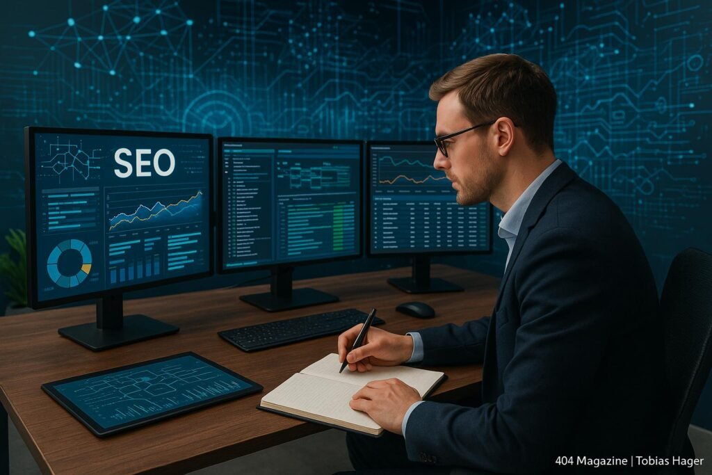 Modernes Büro mit großen Bildschirmen, die SEO-Daten visualisieren, Person macht Notizen, digitale Netzwerke im Hintergrund, Tobias Hager, 404 Magazine
