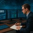 Modernes Büro mit großen Bildschirmen, die SEO-Daten visualisieren, Person macht Notizen, digitale Netzwerke im Hintergrund, Tobias Hager, 404 Magazine