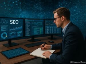 Modernes Büro mit großen Bildschirmen, die SEO-Daten visualisieren, Person macht Notizen, digitale Netzwerke im Hintergrund, Tobias Hager, 404 Magazine
