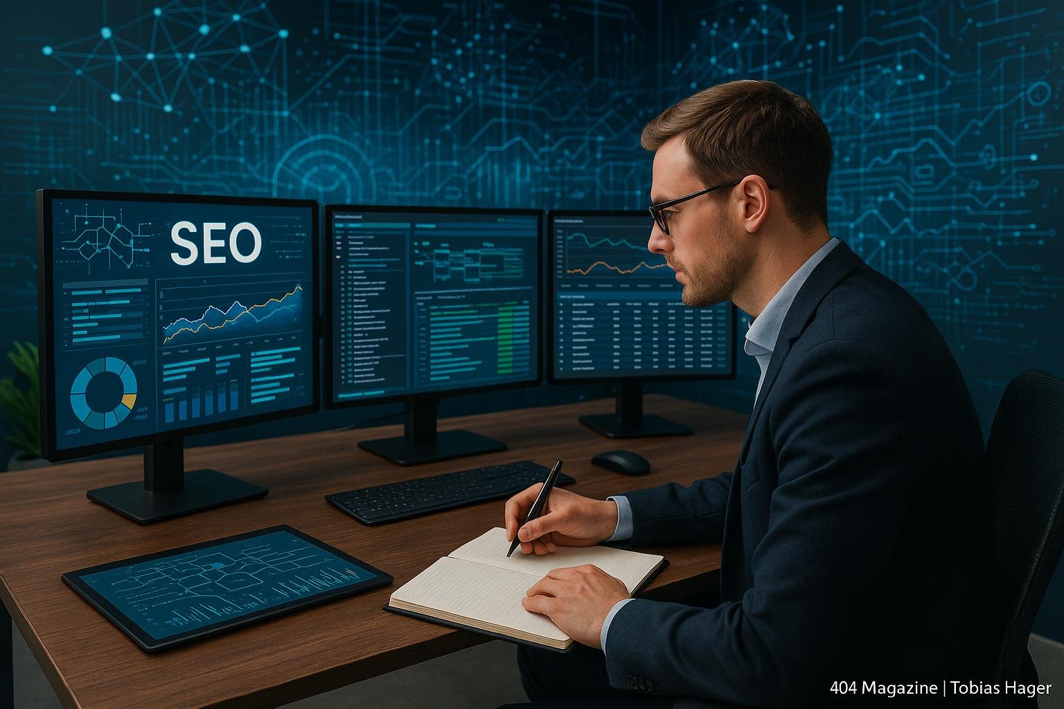 Modernes Büro mit großen Bildschirmen, die SEO-Daten visualisieren, Person macht Notizen, digitale Netzwerke im Hintergrund, Tobias Hager, 404 Magazine