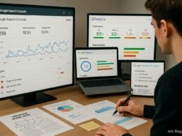 Person bei der technischen Website-Analyse mit mehreren Monitoren, zeigt Google Search Console, GTmetrix, PageSpeed Insights und Screaming Frog Ergebnisse, um Website-Performance zu verbessern.