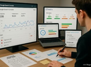 Person bei der technischen Website-Analyse mit mehreren Monitoren, zeigt Google Search Console, GTmetrix, PageSpeed Insights und Screaming Frog Ergebnisse, um Website-Performance zu verbessern.