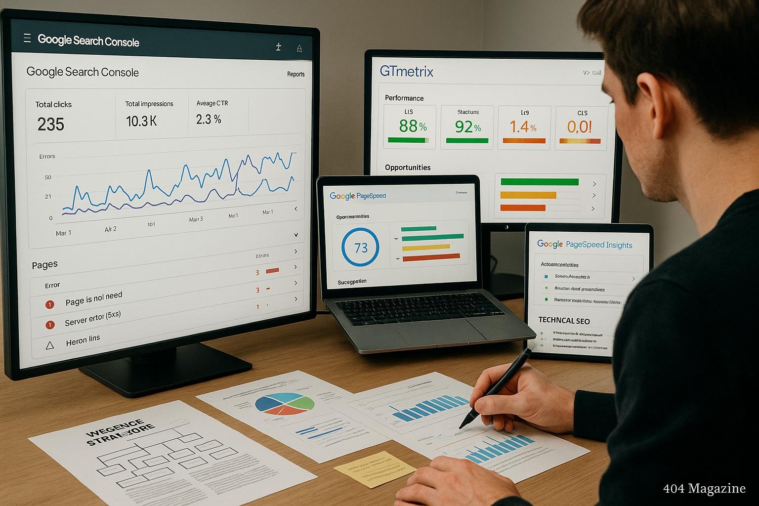 Person bei der technischen Website-Analyse mit mehreren Monitoren, zeigt Google Search Console, GTmetrix, PageSpeed Insights und Screaming Frog Ergebnisse, um Website-Performance zu verbessern.