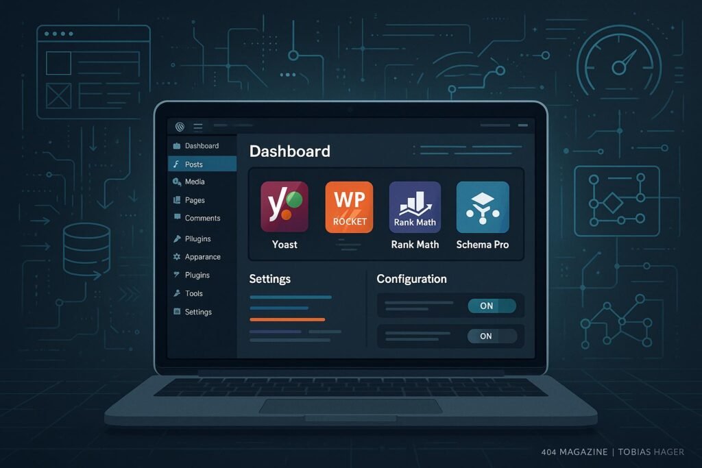 Modernes WordPress-Backend mit geöffnetem Dashboard, Plugins und schematischen Darstellungen technischer SEO-Tools in futuristischer Umgebung.