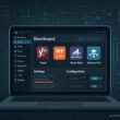 Modernes WordPress-Backend mit geöffnetem Dashboard, Plugins und schematischen Darstellungen technischer SEO-Tools in futuristischer Umgebung.