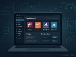 Modernes WordPress-Backend mit geöffnetem Dashboard, Plugins und schematischen Darstellungen technischer SEO-Tools in futuristischer Umgebung.