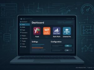 Modernes WordPress-Backend mit geöffnetem Dashboard, Plugins und schematischen Darstellungen technischer SEO-Tools in futuristischer Umgebung.