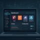 Modernes WordPress-Backend mit geöffnetem Dashboard, Plugins und schematischen Darstellungen technischer SEO-Tools in futuristischer Umgebung.