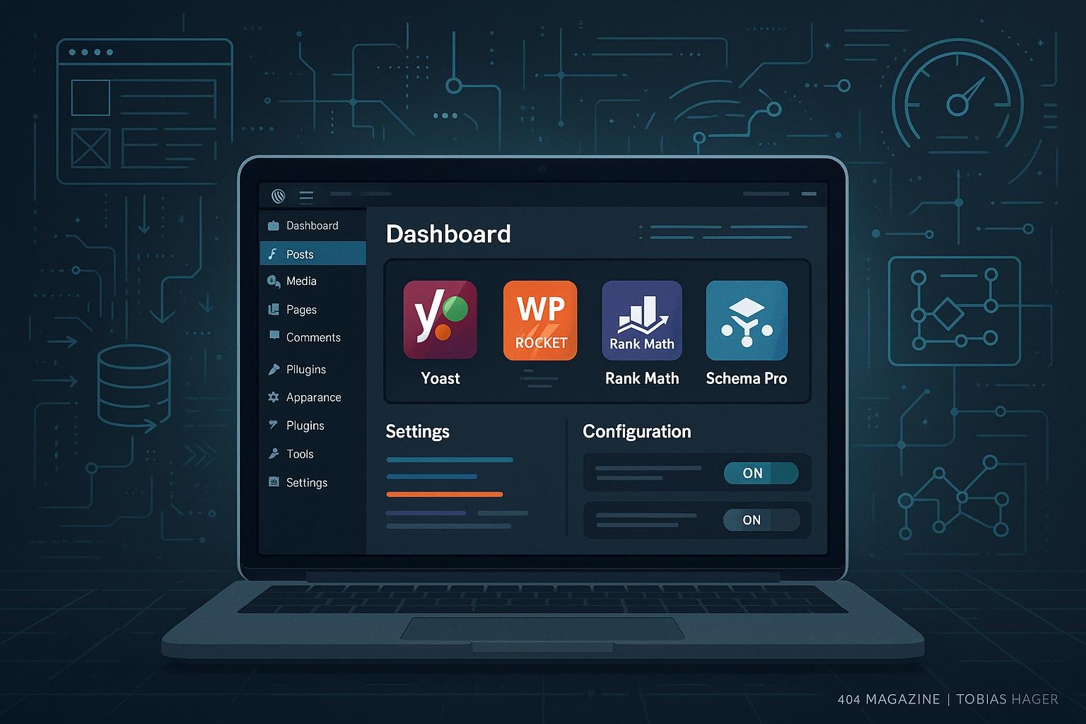 Modernes WordPress-Backend mit geöffnetem Dashboard, Plugins und schematischen Darstellungen technischer SEO-Tools in futuristischer Umgebung.