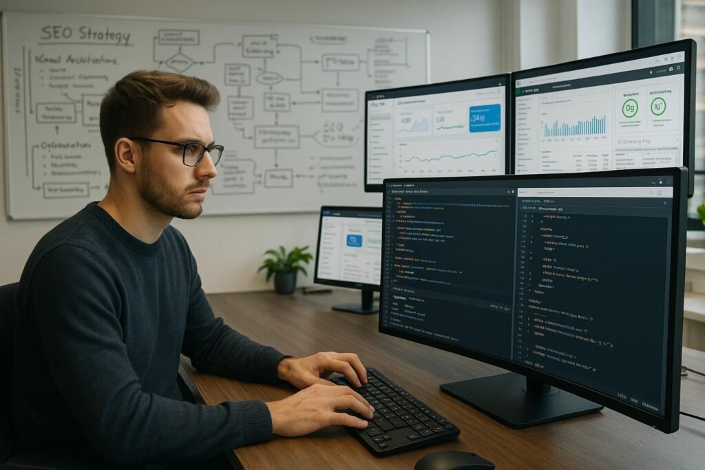 Ein SEO-Manager arbeitet in einem modernen, technikgeladenen Büro mit mehreren Monitoren, auf denen Datenanalysen, Web-Performance-Dashboards und Code-Editoren angezeigt werden, im Hintergrund Whiteboards mit SEO-Strategien, im Bildstil fotografiert.