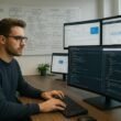 Ein SEO-Manager arbeitet in einem modernen, technikgeladenen Büro mit mehreren Monitoren, auf denen Datenanalysen, Web-Performance-Dashboards und Code-Editoren angezeigt werden, im Hintergrund Whiteboards mit SEO-Strategien, im Bildstil fotografiert.