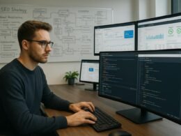 Ein SEO-Manager arbeitet in einem modernen, technikgeladenen Büro mit mehreren Monitoren, auf denen Datenanalysen, Web-Performance-Dashboards und Code-Editoren angezeigt werden, im Hintergrund Whiteboards mit SEO-Strategien, im Bildstil fotografiert.