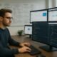 Ein SEO-Manager arbeitet in einem modernen, technikgeladenen Büro mit mehreren Monitoren, auf denen Datenanalysen, Web-Performance-Dashboards und Code-Editoren angezeigt werden, im Hintergrund Whiteboards mit SEO-Strategien, im Bildstil fotografiert.