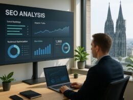 Person in Business-Kleidung im modernen Büro in Köln, fokussiert auf einen großen Bildschirm mit SEO-Daten, mit Kölner Wahrzeichen im Hintergrund