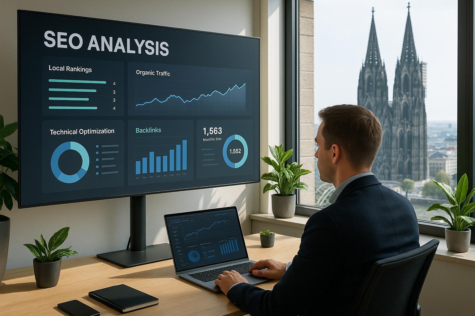 Person in Business-Kleidung im modernen Büro in Köln, fokussiert auf einen großen Bildschirm mit SEO-Daten, mit Kölner Wahrzeichen im Hintergrund