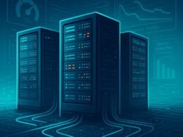 Stilisiertes Serverraum-Design mit leuchtenden Servern, Datenströmen und Hintergrunddiagrammen zu Core Web Vitals und Ladezeiten, visualisiert die technische Infrastruktur und digitale Backbone.