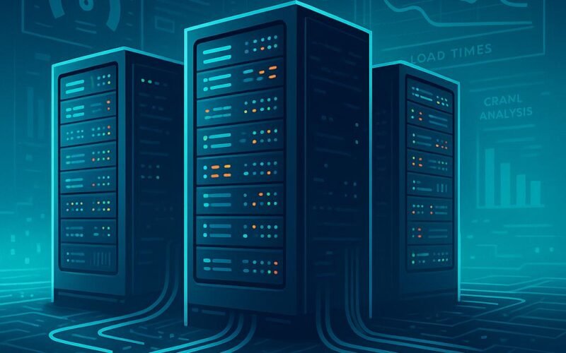 Stilisiertes Serverraum-Design mit leuchtenden Servern, Datenströmen und Hintergrunddiagrammen zu Core Web Vitals und Ladezeiten, visualisiert die technische Infrastruktur und digitale Backbone.