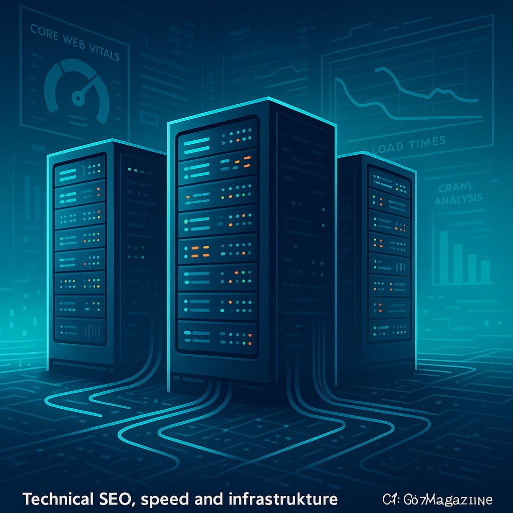 Stilisiertes Serverraum-Design mit leuchtenden Servern, Datenströmen und Hintergrunddiagrammen zu Core Web Vitals und Ladezeiten, visualisiert die technische Infrastruktur und digitale Backbone.