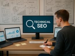 Person arbeitet an einem modernen Büro mit Laptops, Monitoren und Whiteboards, die SEO-Analysen und technische Zeichnungen zeigen.