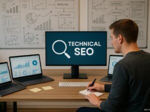 Person arbeitet an einem modernen Büro mit Laptops, Monitoren und Whiteboards, die SEO-Analysen und technische Zeichnungen zeigen.