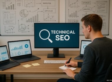 Person arbeitet an einem modernen Büro mit Laptops, Monitoren und Whiteboards, die SEO-Analysen und technische Zeichnungen zeigen.