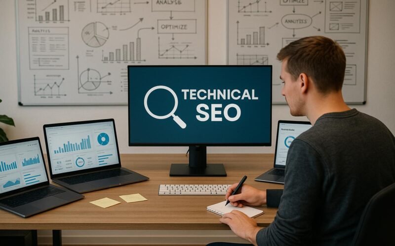 Person arbeitet an einem modernen Büro mit Laptops, Monitoren und Whiteboards, die SEO-Analysen und technische Zeichnungen zeigen.