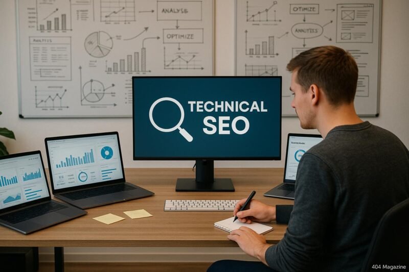 Person arbeitet an einem modernen Büro mit Laptops, Monitoren und Whiteboards, die SEO-Analysen und technische Zeichnungen zeigen.