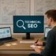 Person arbeitet an einem modernen Büro mit Laptops, Monitoren und Whiteboards, die SEO-Analysen und technische Zeichnungen zeigen.