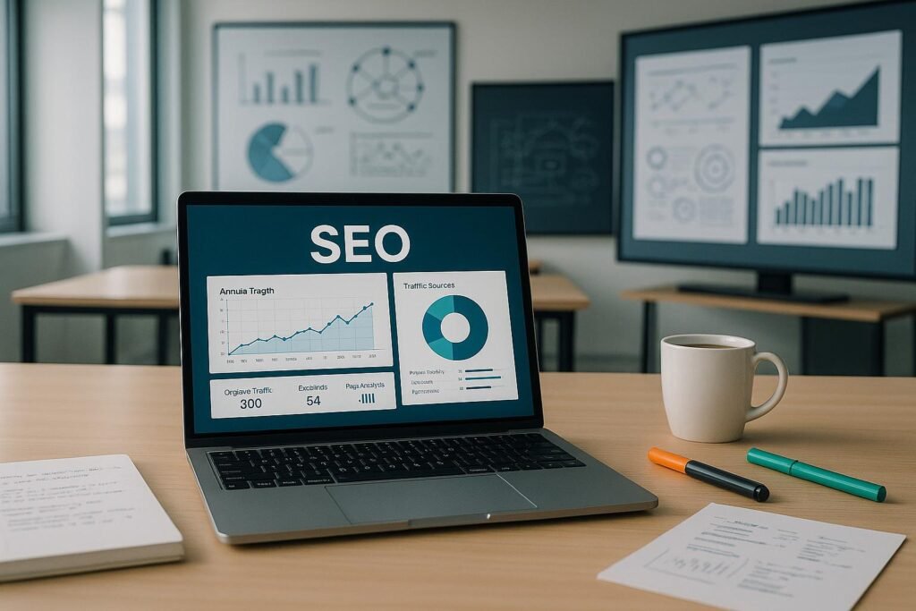 Moderner Arbeitsplatz mit Laptop, Notizblättern, Kaffee und Whiteboards mit Seo-Statistiken, professionelles und technikorientiertes Ambiente