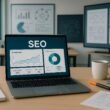 Moderner Arbeitsplatz mit Laptop, Notizblättern, Kaffee und Whiteboards mit Seo-Statistiken, professionelles und technikorientiertes Ambiente