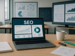 Moderner Arbeitsplatz mit Laptop, Notizblättern, Kaffee und Whiteboards mit Seo-Statistiken, professionelles und technikorientiertes Ambiente
