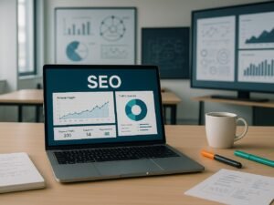Moderner Arbeitsplatz mit Laptop, Notizblättern, Kaffee und Whiteboards mit Seo-Statistiken, professionelles und technikorientiertes Ambiente