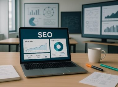 Moderner Arbeitsplatz mit Laptop, Notizblättern, Kaffee und Whiteboards mit Seo-Statistiken, professionelles und technikorientiertes Ambiente